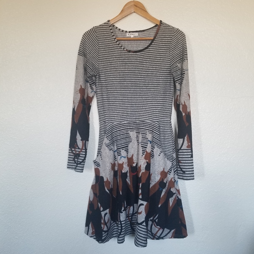 Striped Cat Print Long Sleeve Dress with Pockets